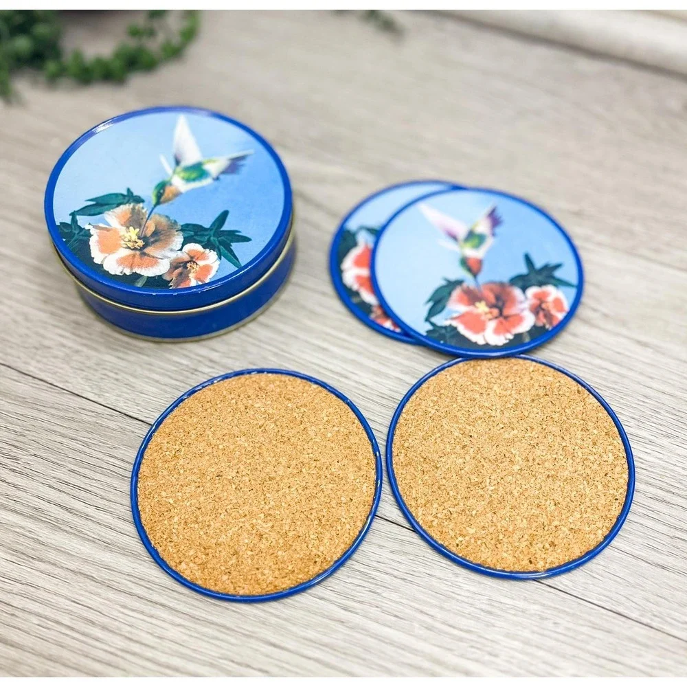 Vintage Hummingbird Coaster Tin, Set of 4 Coasters‎ Metal and Cork